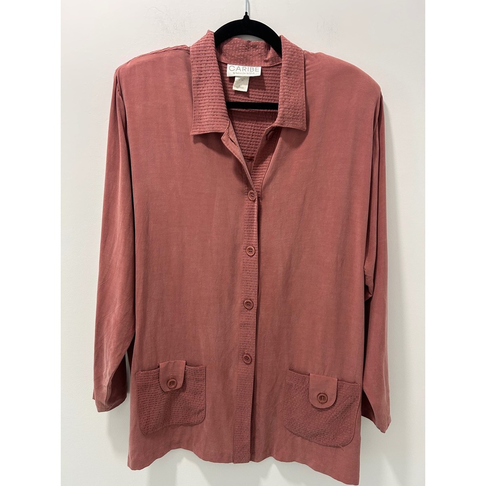 Caribe Vintage Rayon Button Up Top Dusty Rose Textured Pockets XL USA Made
